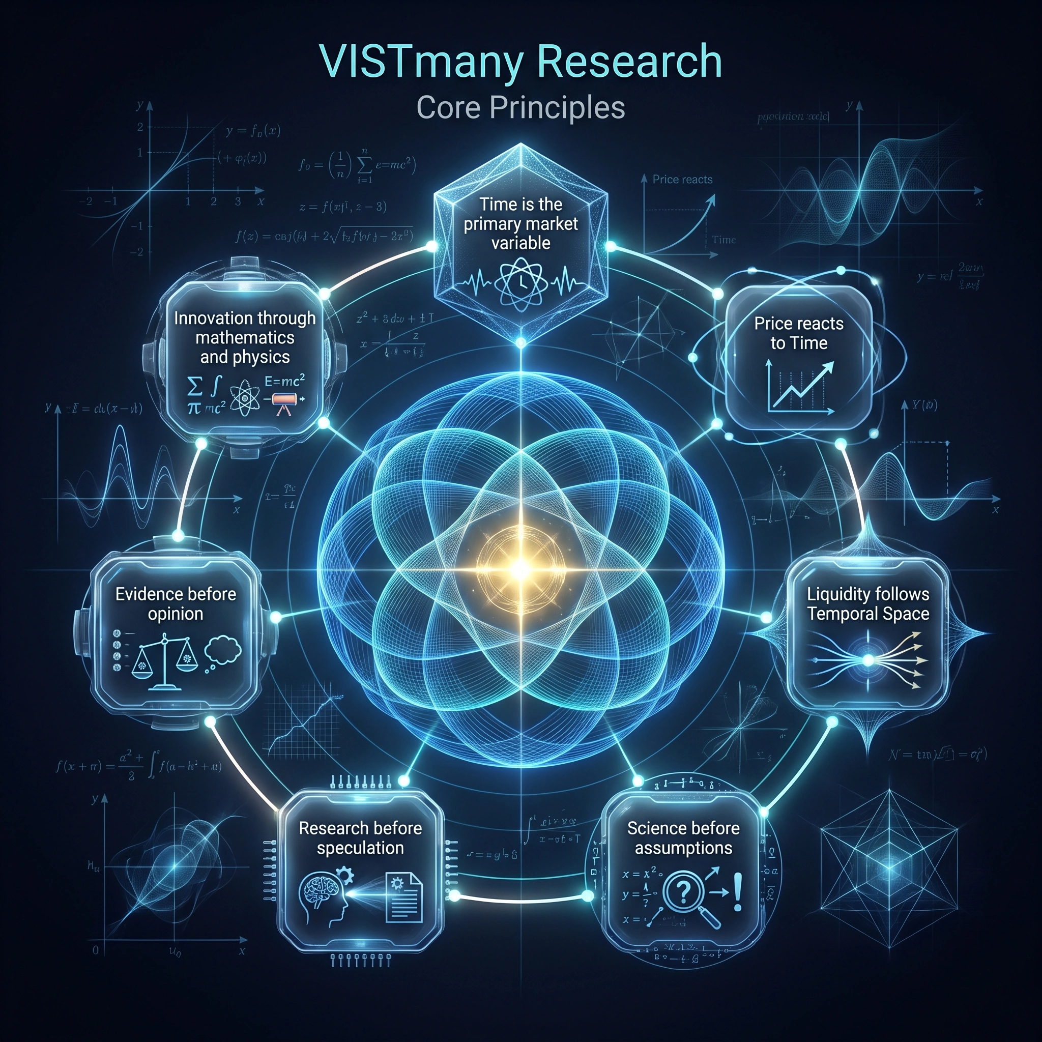 Scientific visualization of the Core Principles of VISTmany Research, illustrating the foundational concepts of Temporal Space, Liquidity Activation Points (LAP), and time-based financial market analysis.