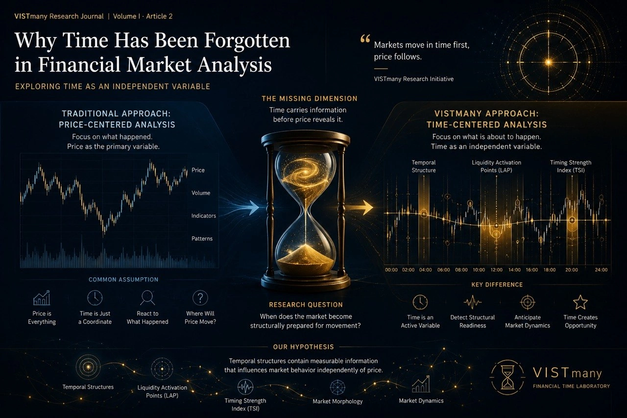 Scientific illustration showing time as an independent variable in financial market analysis. The visualization compares traditional price-centered analysis with the VISTmany temporal research approach, highlighting market dynamics, quantitative finance, and temporal structures.
