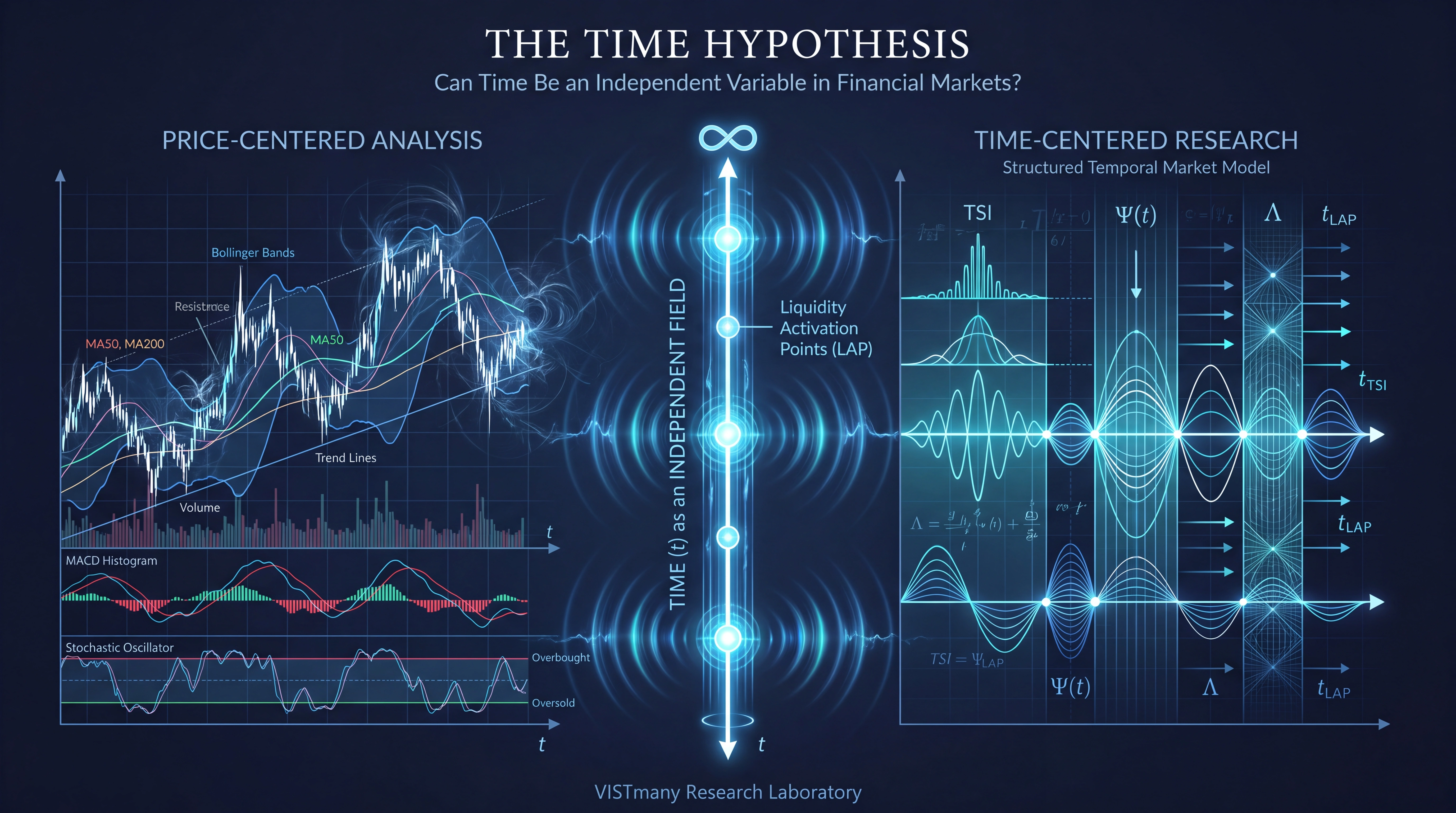 Scientific diagram illustrating the transition from traditional price-based financial analysis to VISTmany’s time-centered research methodology, highlighting temporal structures, Liquidity Activation Points (LAP), and quantitative temporal market analysis.