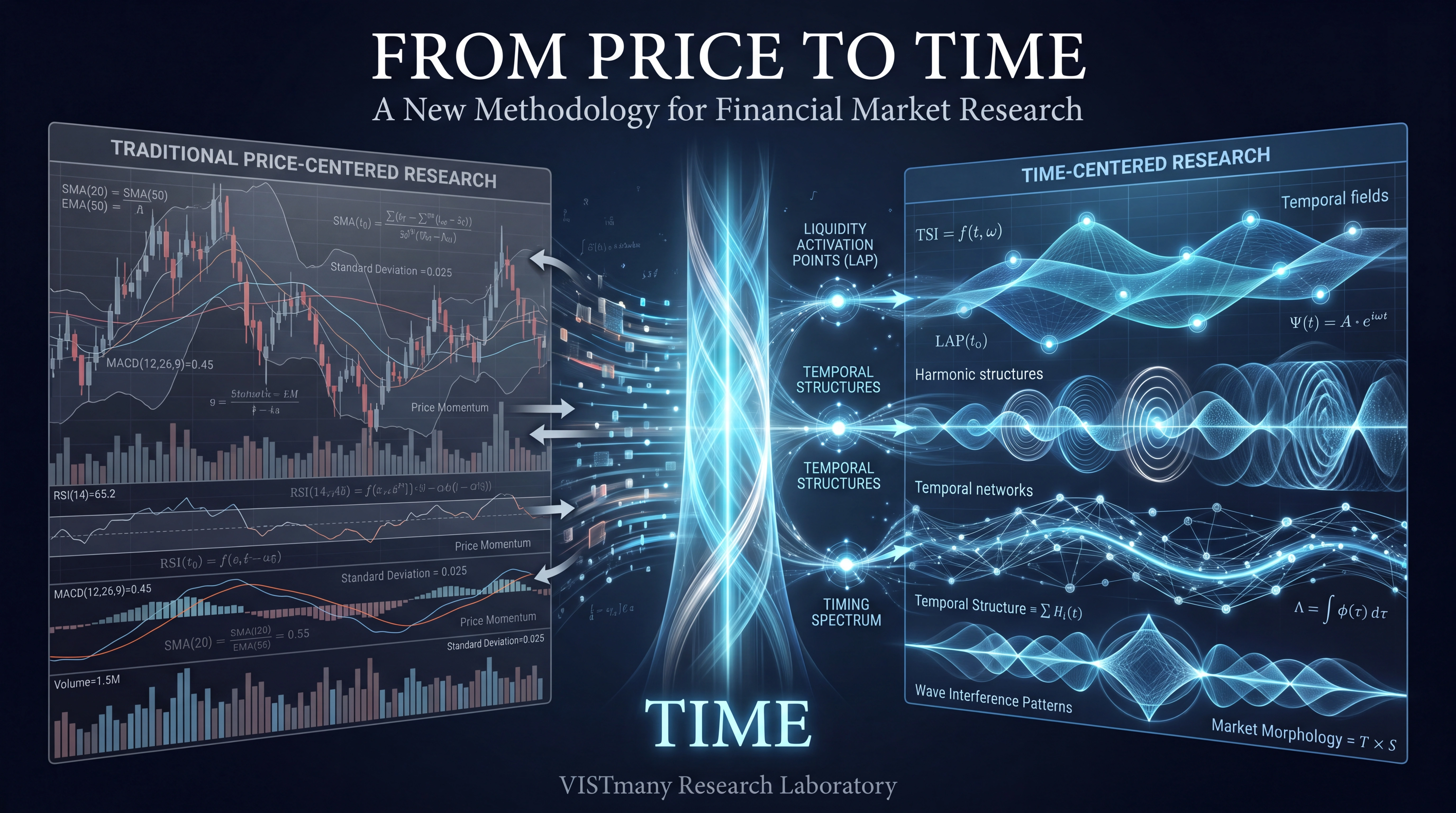 Scientific diagram illustrating the transition from traditional price-based financial analysis to VISTmany’s time-centered research methodology, highlighting temporal structures, Liquidity Activation Points (LAP), and quantitative temporal market analysis.