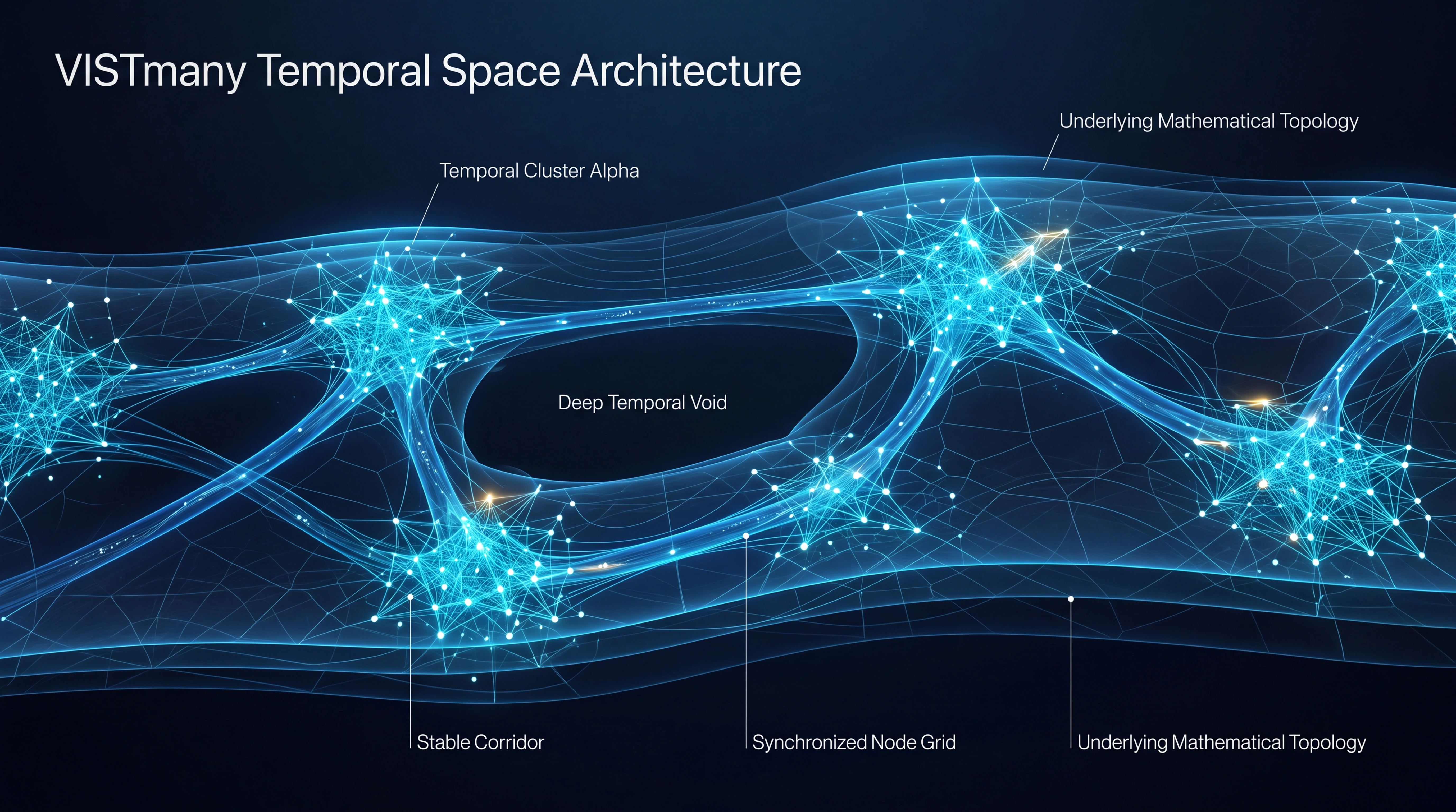 VISTmany scientific visualization showing the architecture of temporal space with interconnected time clusters, temporal voids and synchronized structures independent of market price.